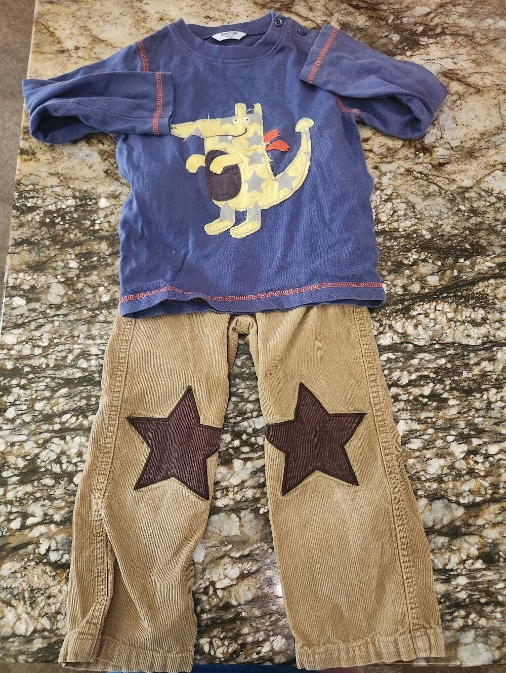 Mini Boden Blue Top with Tan Corduroy Pants and Brown Star Patches Sz 2/3